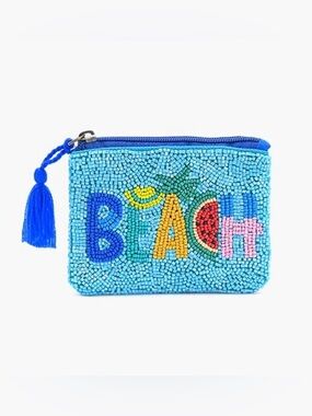 America & Beyond Beaded 'BEACH' Zip Coin Pouch in Turquoise Blue